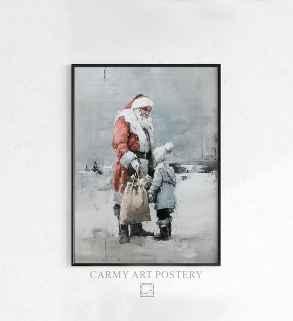 Vintage Santa Claus Walking With Child Snowy Night Scene Wall Art