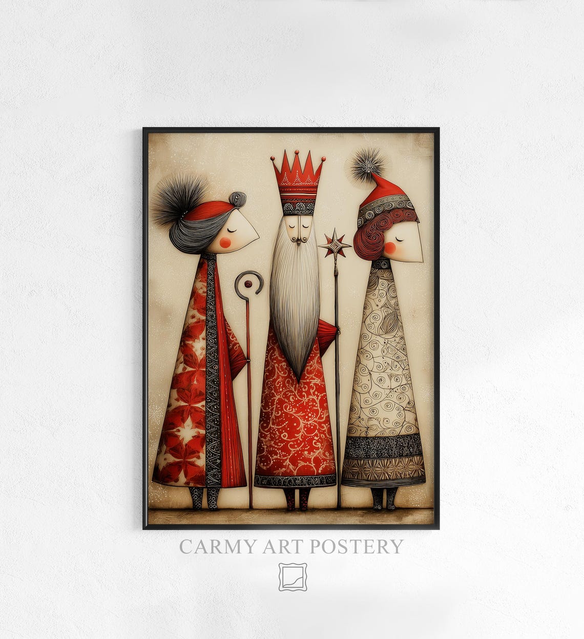 Three Magi Folk Art Kings Christmas Nativity Whimsical Vintage Print