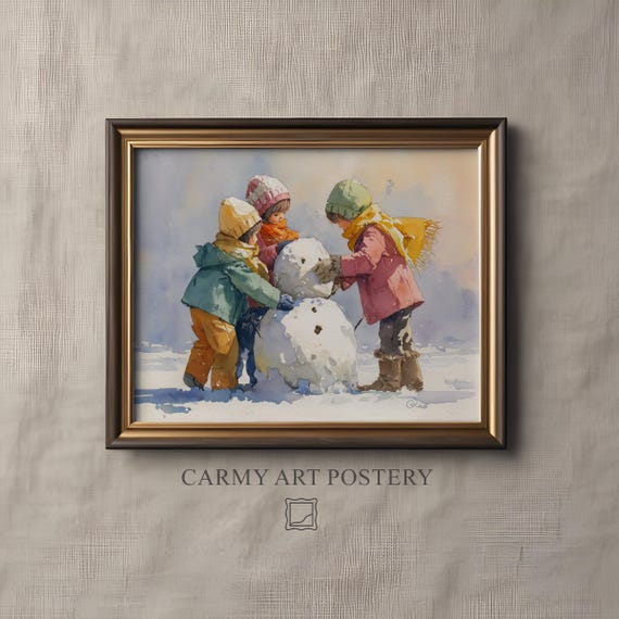 Whimsical Children Building Snowman Print Cozy Winter Scene Vintage Nursery Decor Playful Watercolor Art Holiday 1120