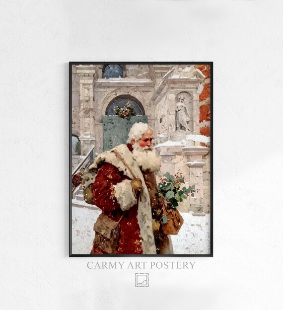 Santa Claus in Falling Snow with Winter Bouquet Vintage Poster