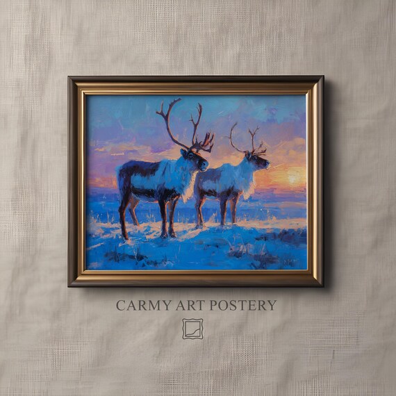 Two Reindeer at Sunrise Snowy Meadow Winter Oil Painting Wildlife Print