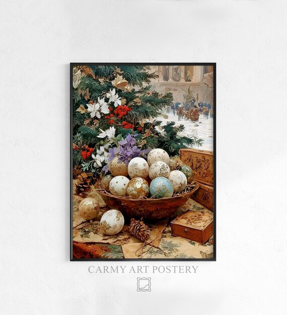 Vintage Christmas Still Life with Painted Baubles Winter Poster