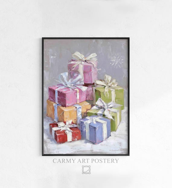 Christmas Gift Tower Art Cozy Holiday Decor Vintage Watercolor Illustration Soft Pastel Wall 376