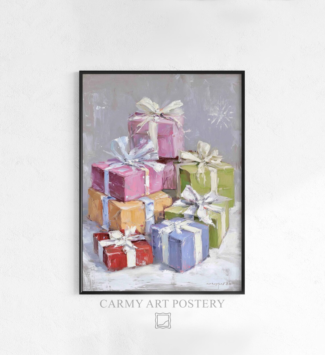 Colorful Christmas Gift Tower Boxes Oil Style Holiday Wall Art