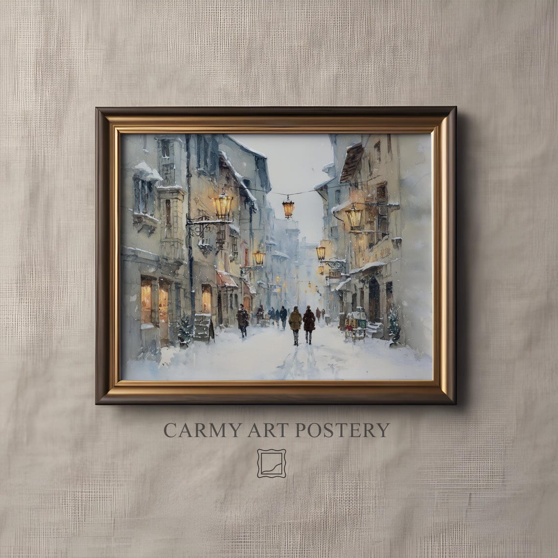 Snowy European Street Lanterns Winter Evening Watercolor Wall Art