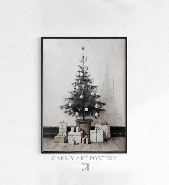 Minimalist Black and White Christmas Tree Vintage Holiday Print