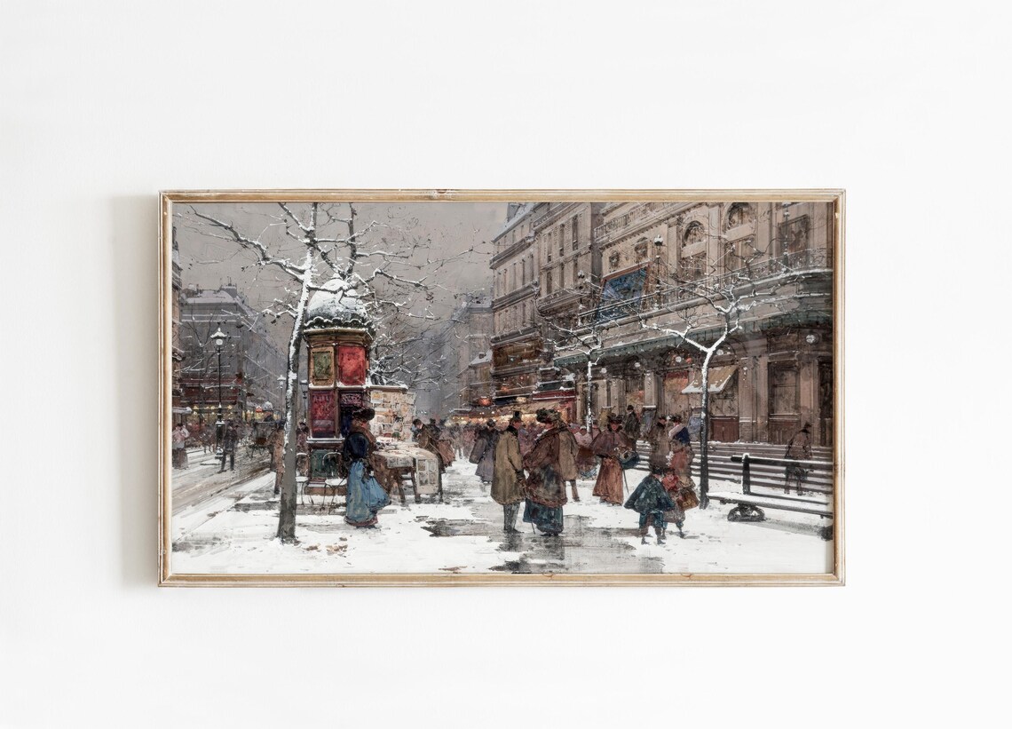 Vintage Paris Snowy Boulevard Street Scene Winter Art Poster