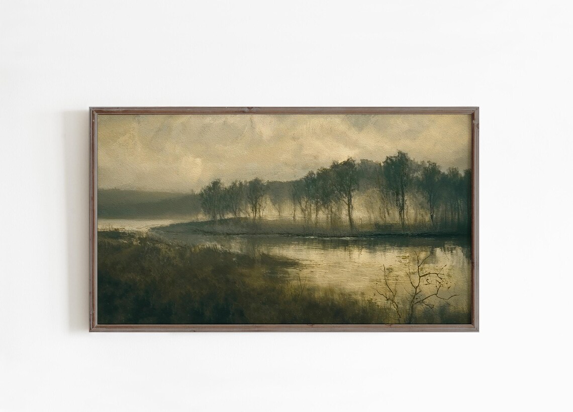 Moody Winter Lake Landscape Painting Dark Misty Trees Shore Poster
