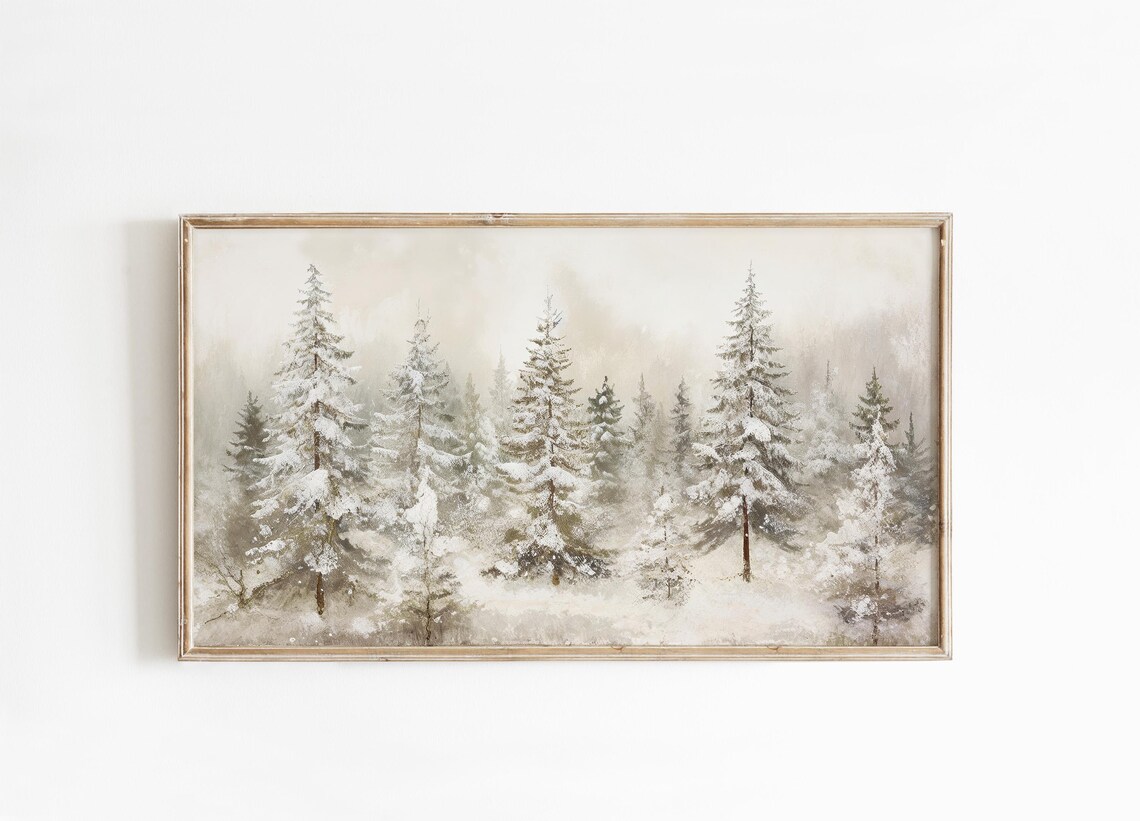 Snowy Winter Forest Painting Snow Covered Pines Misty Morning Poster