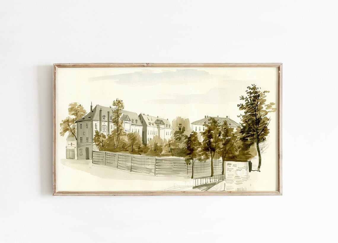 Vintage European Building Sepia Architecture Ink Sketch Art Poster
