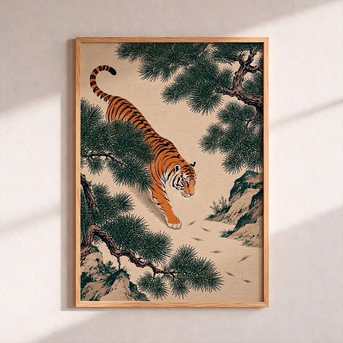 Tiger in Pine Forest Traditional Asian Minhwa Style Art Poster