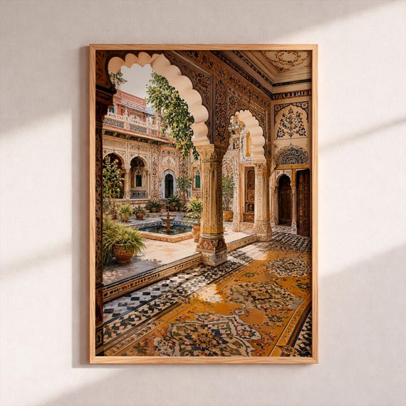 Indian Palace Wall Art Mughal Courtyard Travel Poster Watercolor Architecture Illustration Boho Living Room Decor Fine