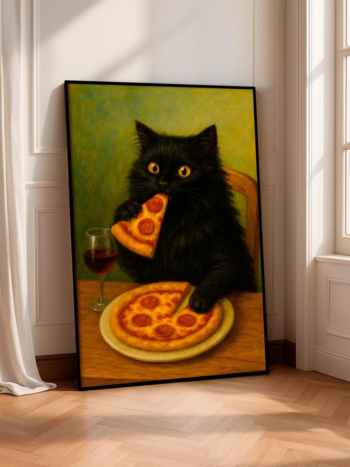 Black Cat Eating Pizza Poster, Funny Kitchen Art