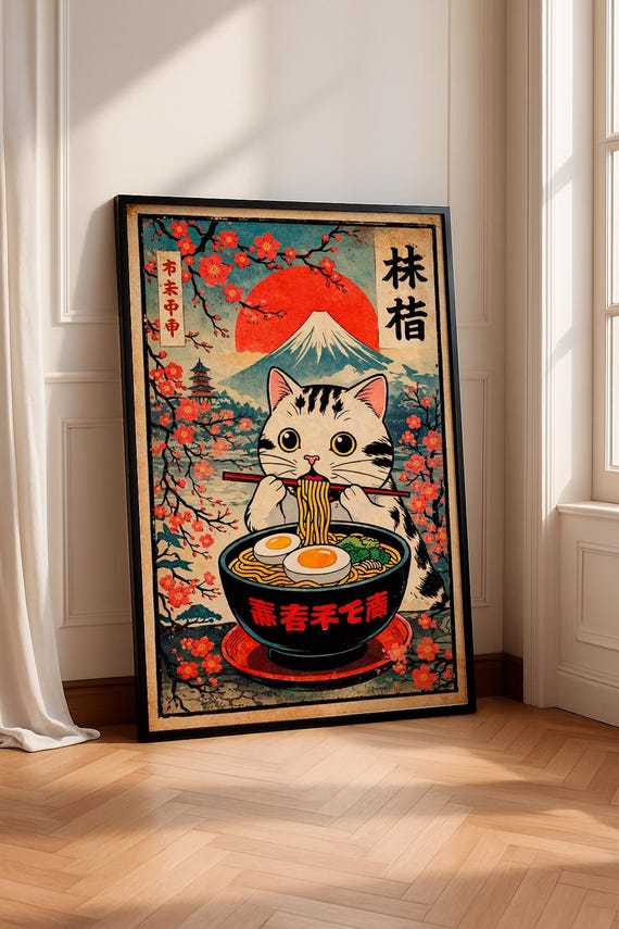 Ramen Eating Cat Poster, Japanese Kawaii Art Print