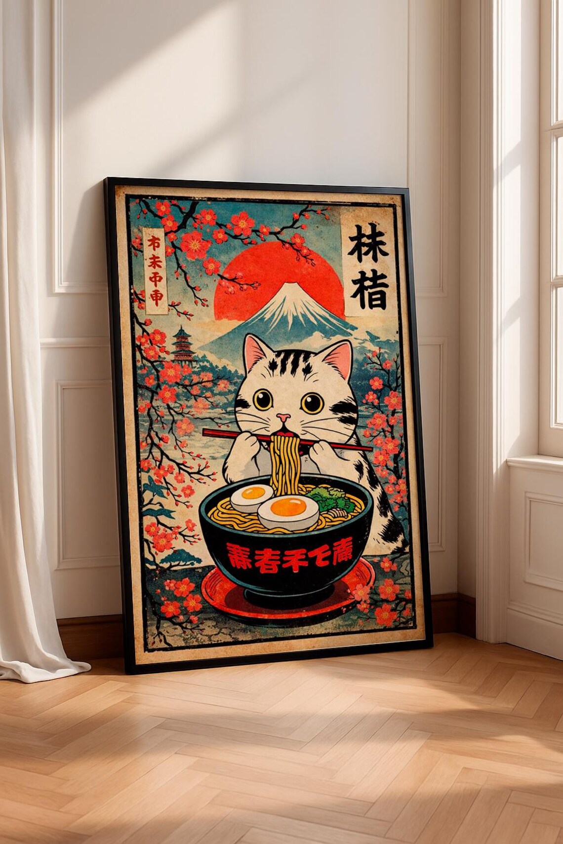 Ramen Eating Cat Poster, Japanese Kawaii Art Print