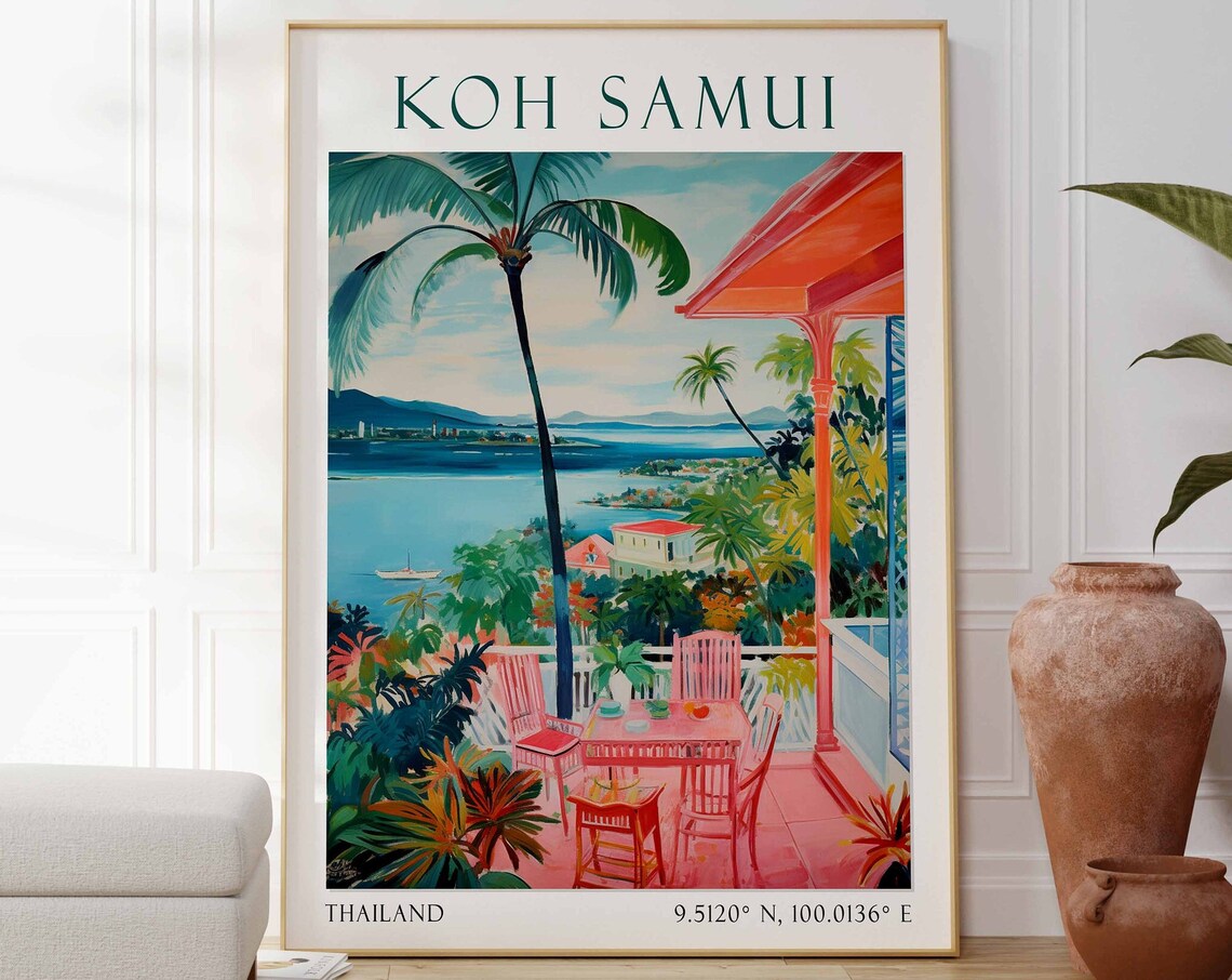 Koh Samui Thailand Travel Poster Tropical Terrace Bay View Art