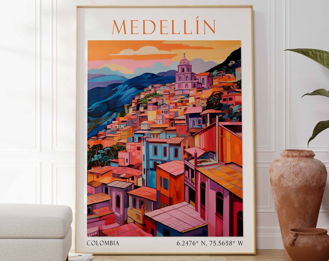 Medellin Colorful Hillside Town Sunset Colombia Travel Poster