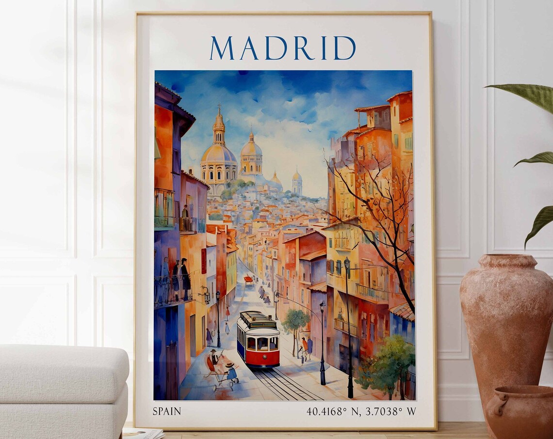 Madrid Spain Travel Poster Red Tram Domed Cathedral View Art