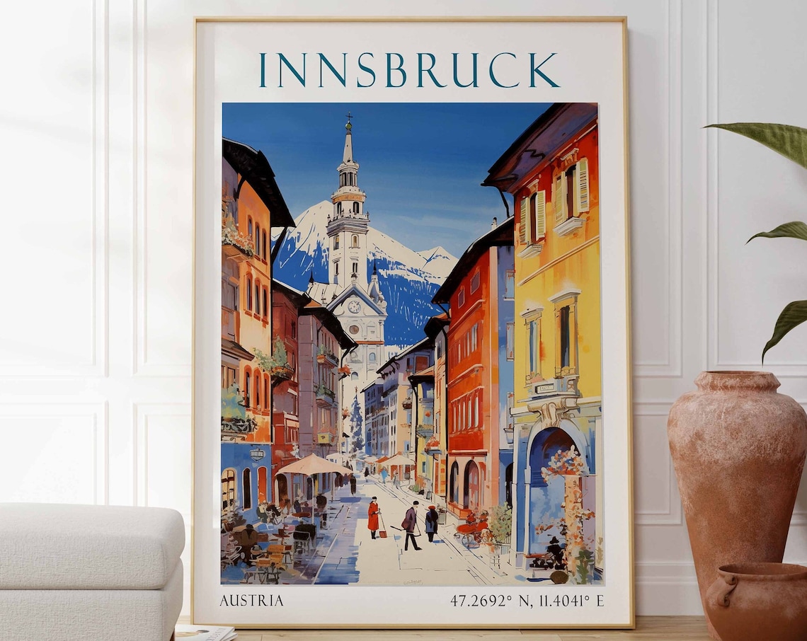 Innsbruck Sunny Old Town Street With Mountains Austria Travel Poster