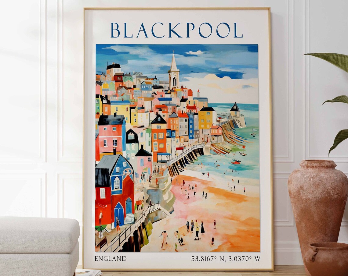 Blackpool England Travel Poster Colorful Seaside Town Dusk Art