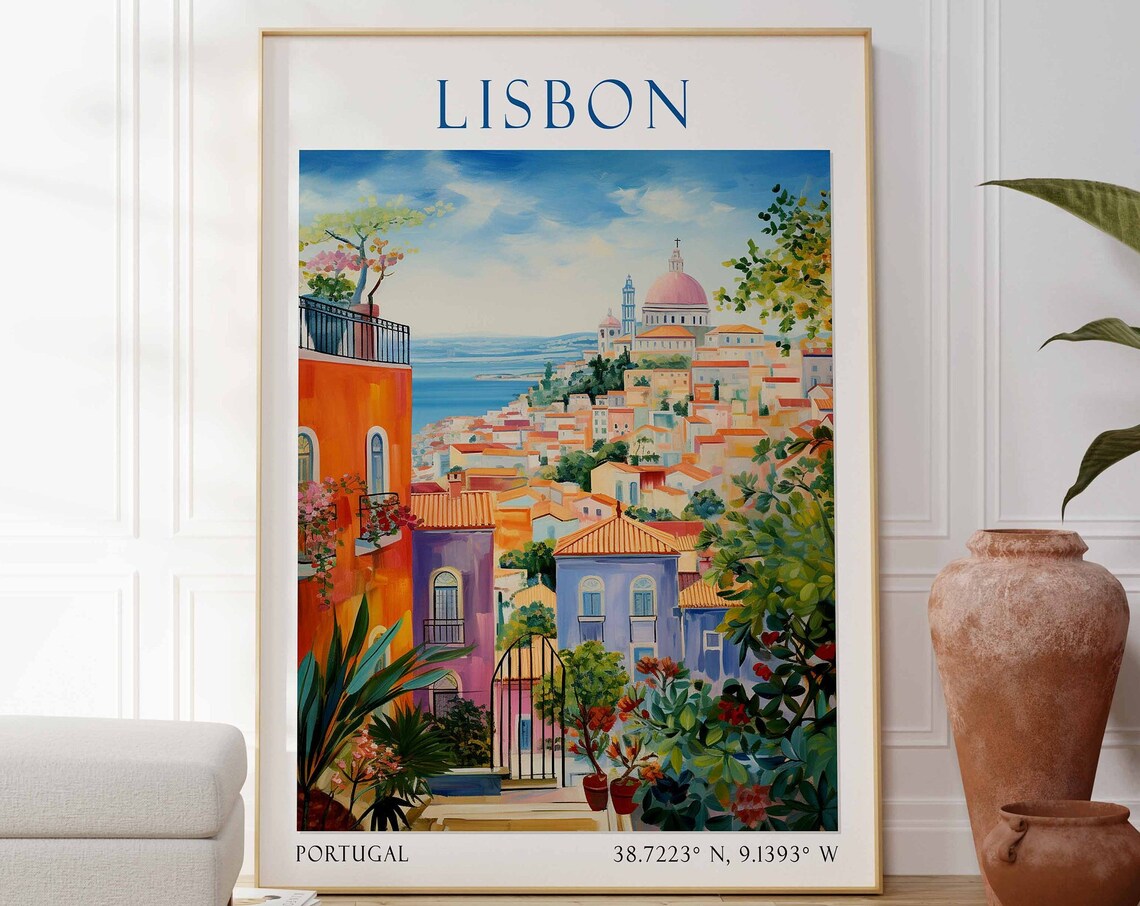 Lisbon Portugal Travel Poster Hillside Domed Church Scene Art