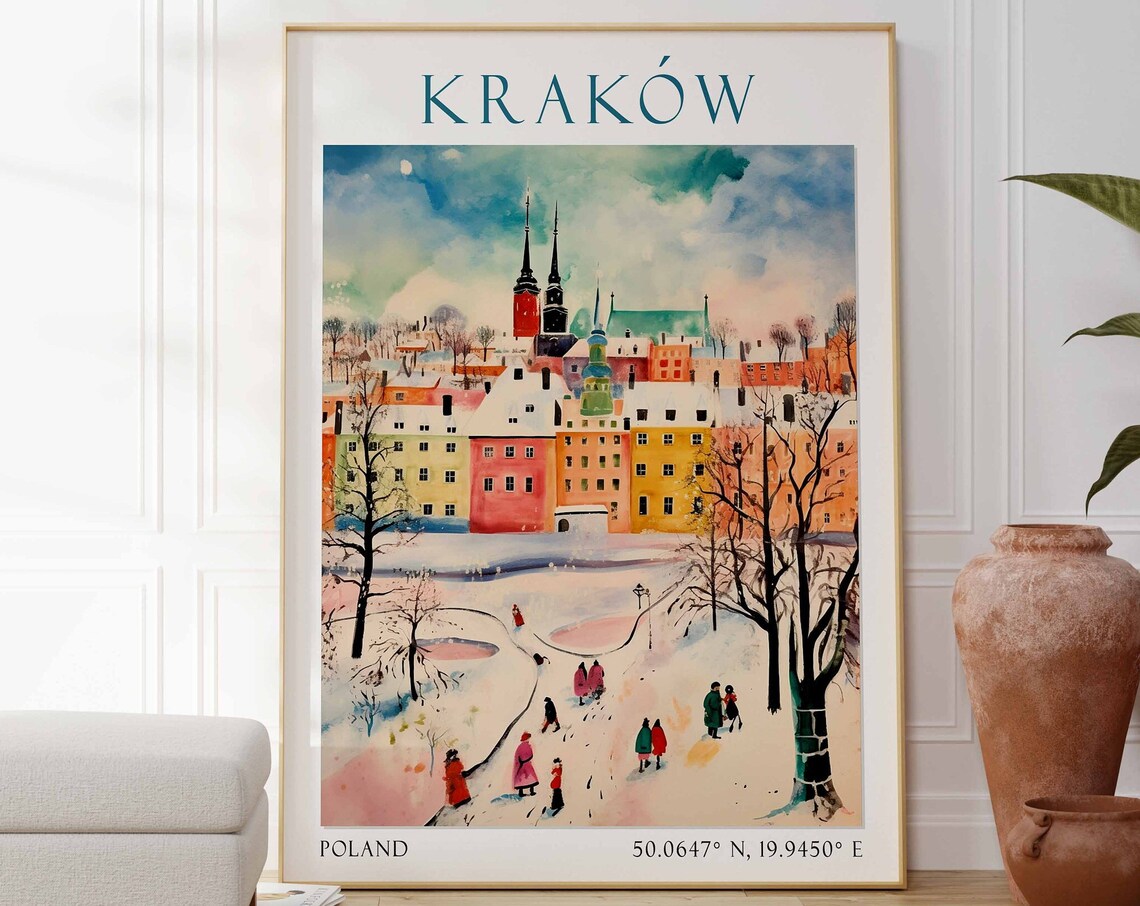 Krakow Poland Travel Poster Winter Snow Old Town Painting Art