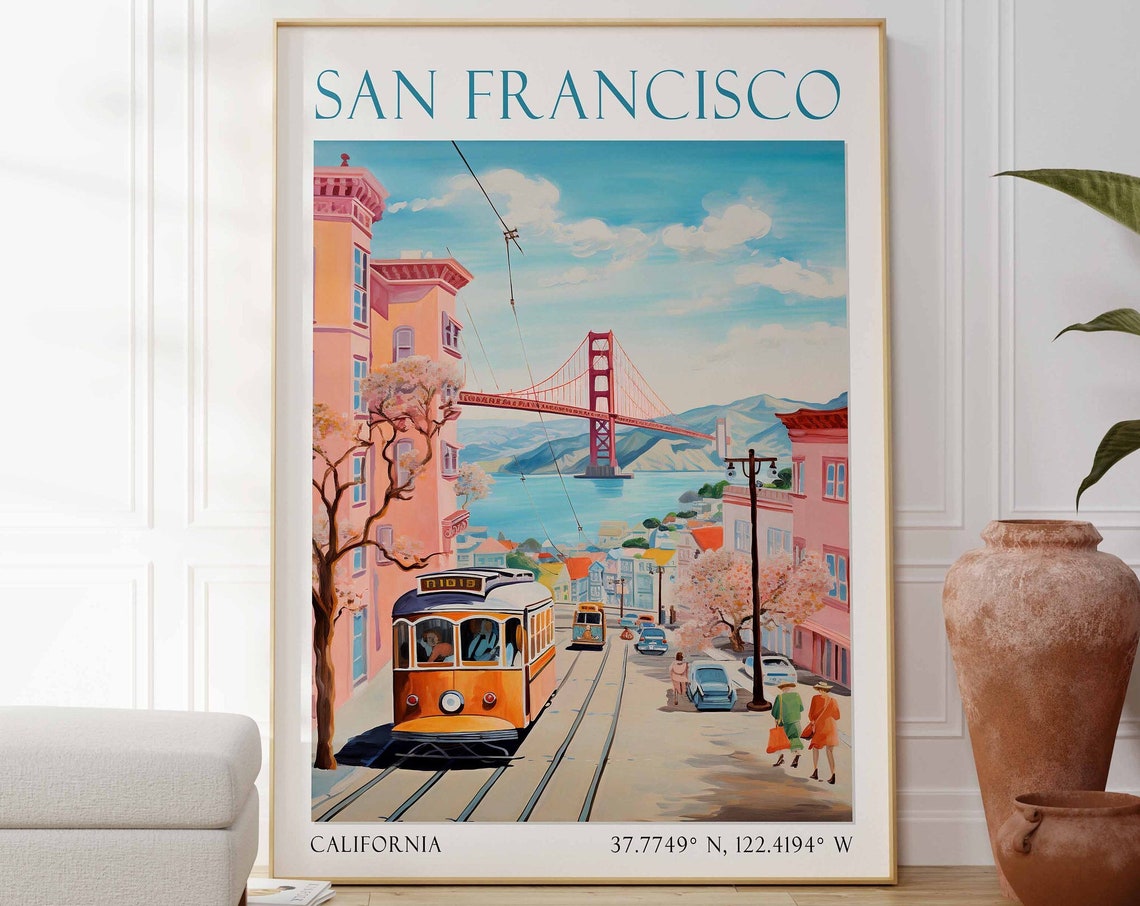 San Francisco Cable Car Golden Gate Bridge California Travel Poster
