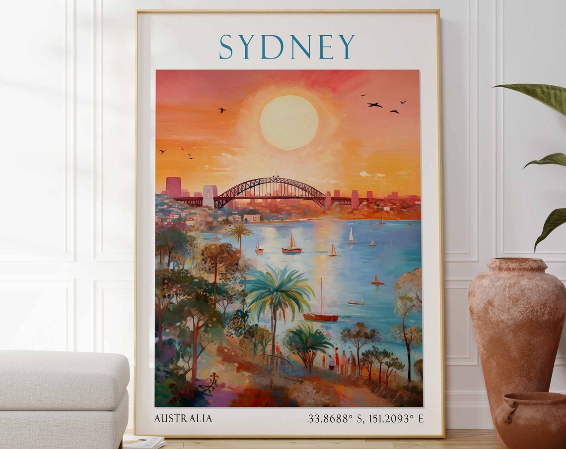 Sydney Harbour Bridge Sunset Sailboats Australia Travel Poster
