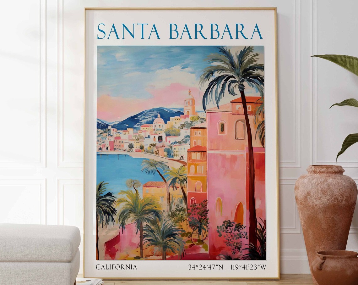 Santa Barbara California Travel Poster Pink Waterfront View Art