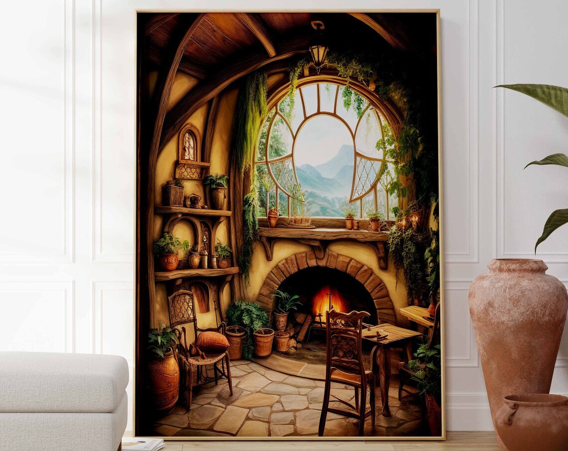 Hobbit Hole Fireplace Interior Poster With Mountain View Scene