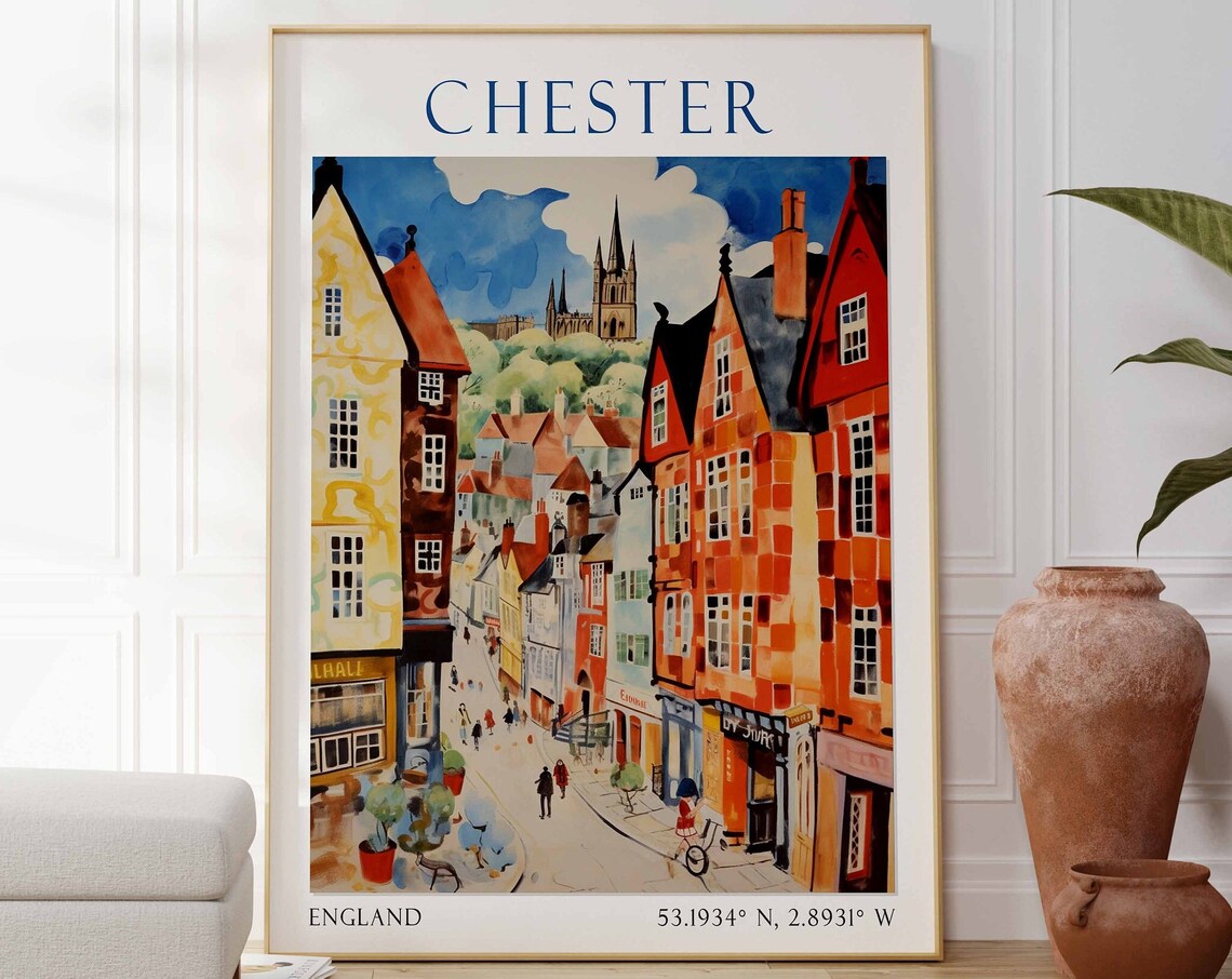 Chester England Travel Poster Historic Rows Street Scene Art