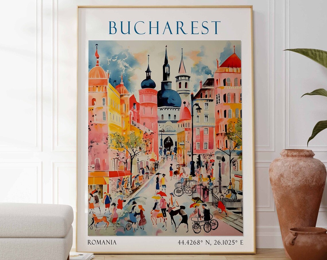 Bucharest Romania Travel Poster Busy Boulevard Domed Church Art