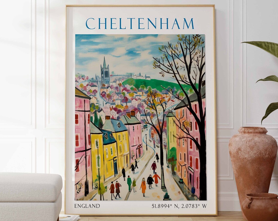 Cheltenham England Travel Poster Hillside Town Watercolor Scene