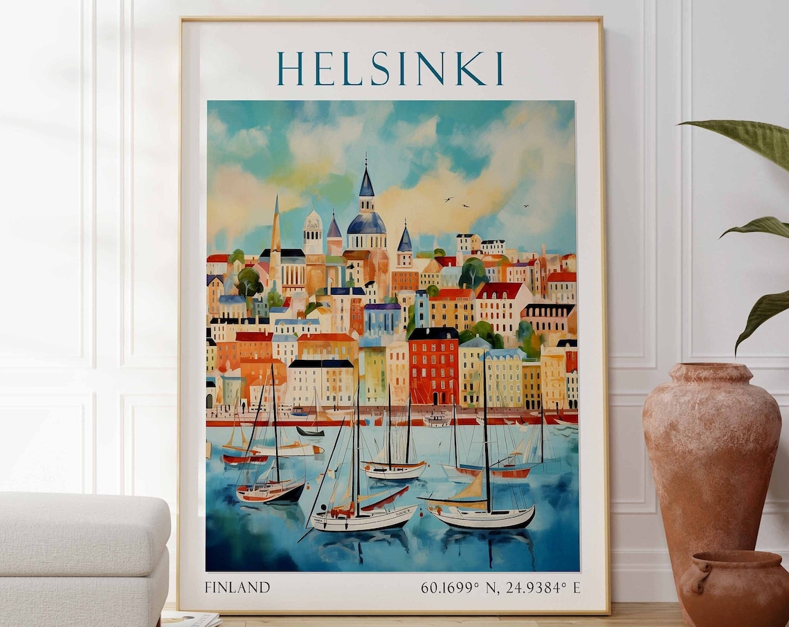 Helsinki Finland Travel Poster Harbor Sailboats Watercolor Art