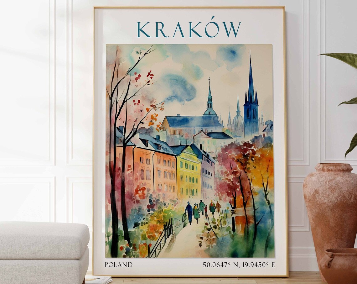 Krakow Poland Travel Poster Church Spires Autumn Watercolor Art