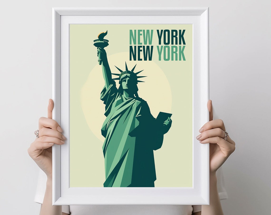 New York Statue of Liberty Retro Travel Poster Sage Green Artwork
