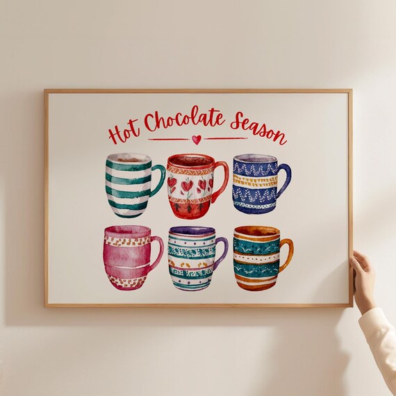 Hot Chocolate Season Watercolor Mugs Festive Holiday Kitchen Wall Art