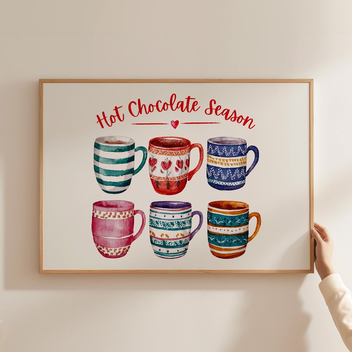 Hot Chocolate Season Watercolor Mugs Festive Holiday Kitchen Wall Art