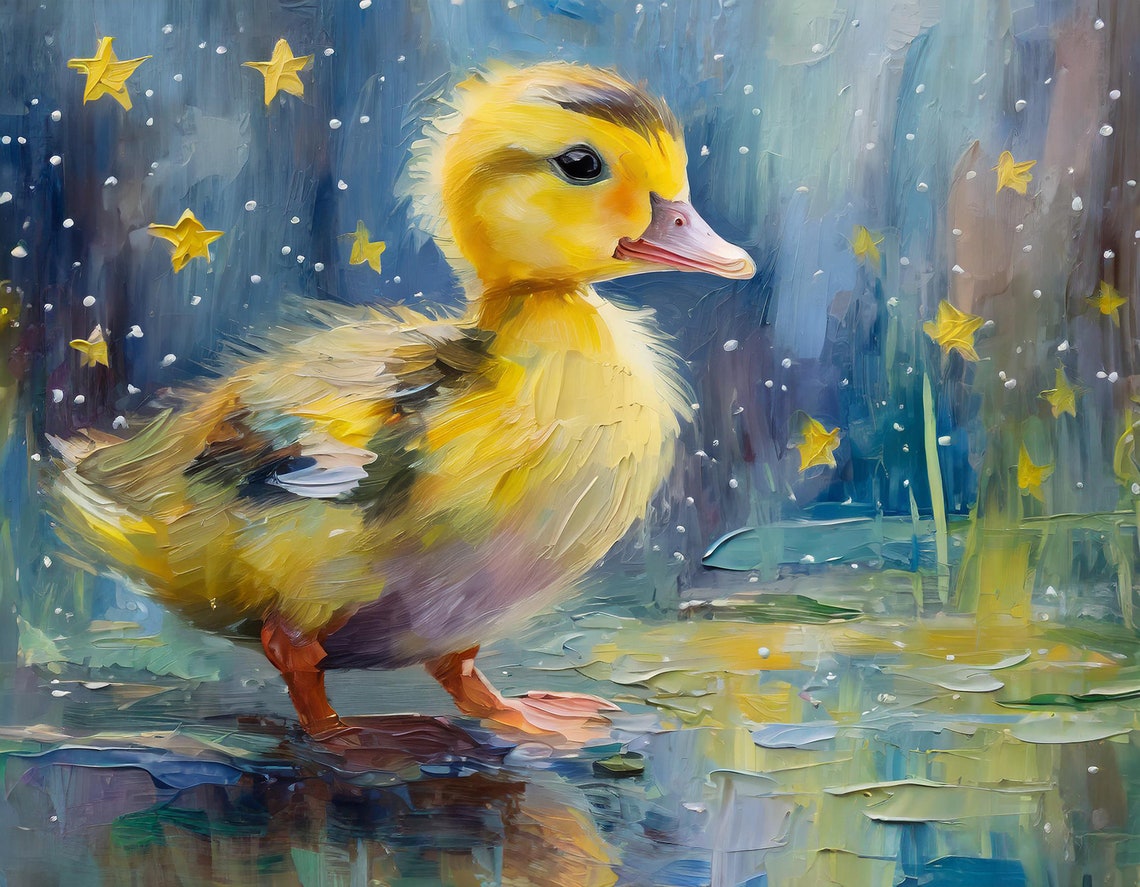 Sweet Yellow Duckling In Rippling Water Starry Sky Nursery Poster