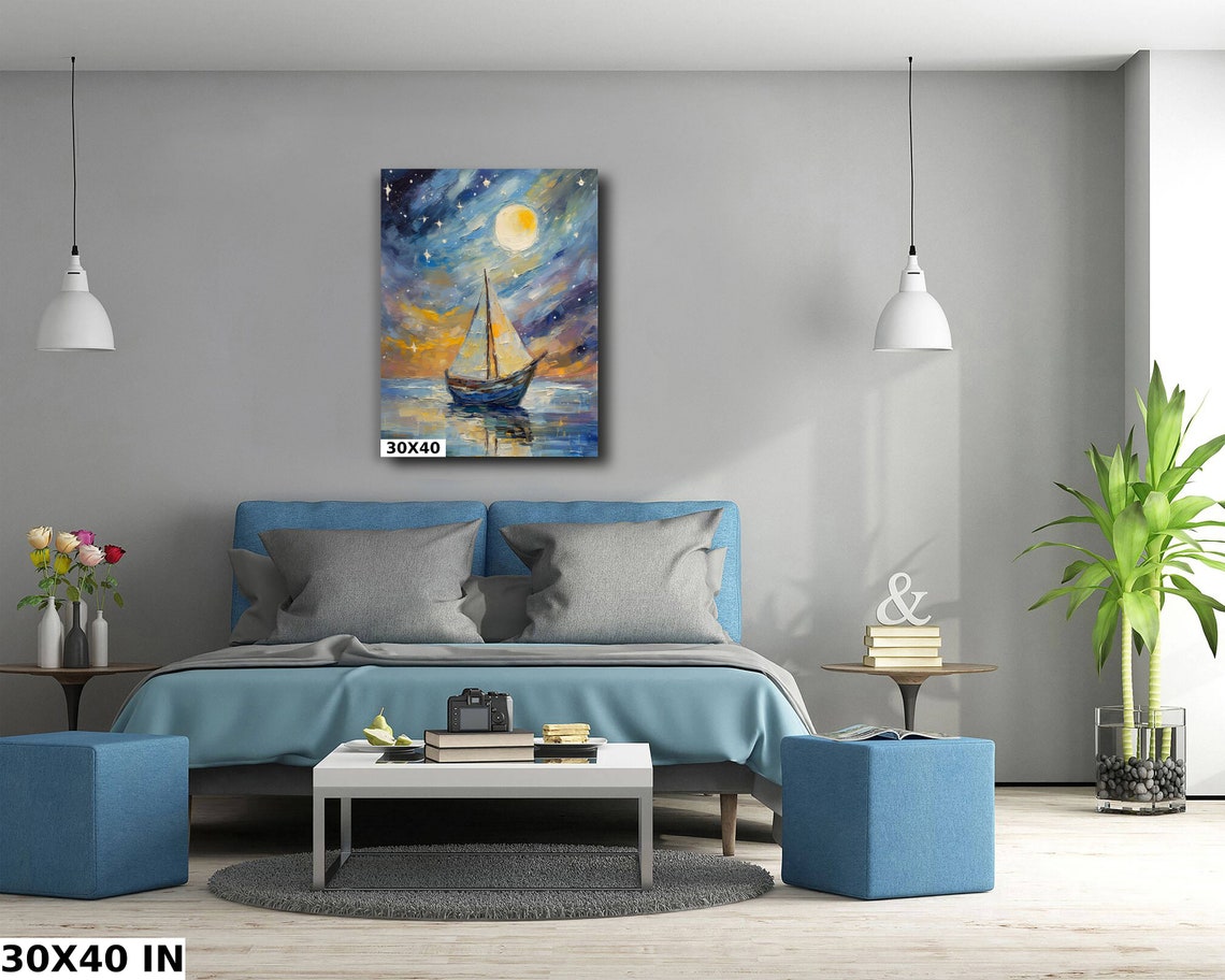 Moonlit Sailboat On Night Sea Starry Sky Nautical Wall Art Poster - Image 5