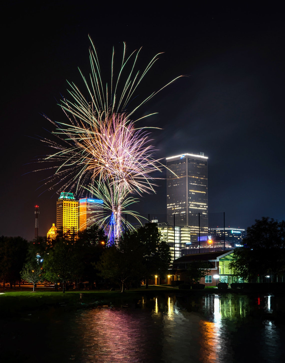 Tulsa Skyline Night Fireworks Downtown Lights Reflection Poster