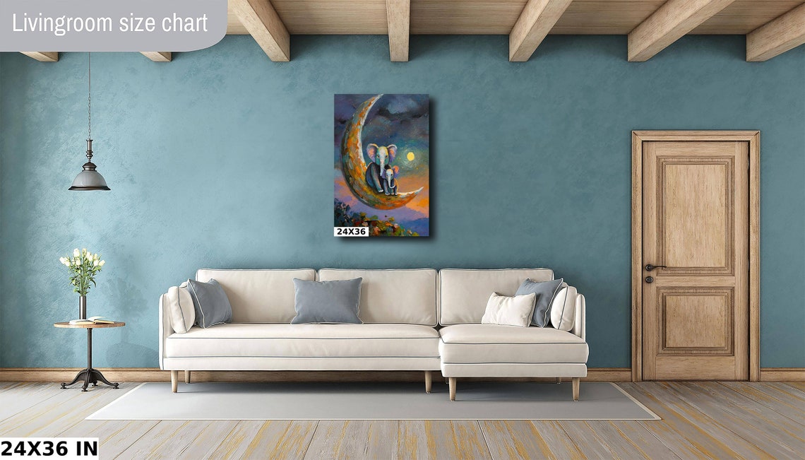 Mother And Baby Elephant Resting On Moon Night Sky Nursery Poster - Image 4