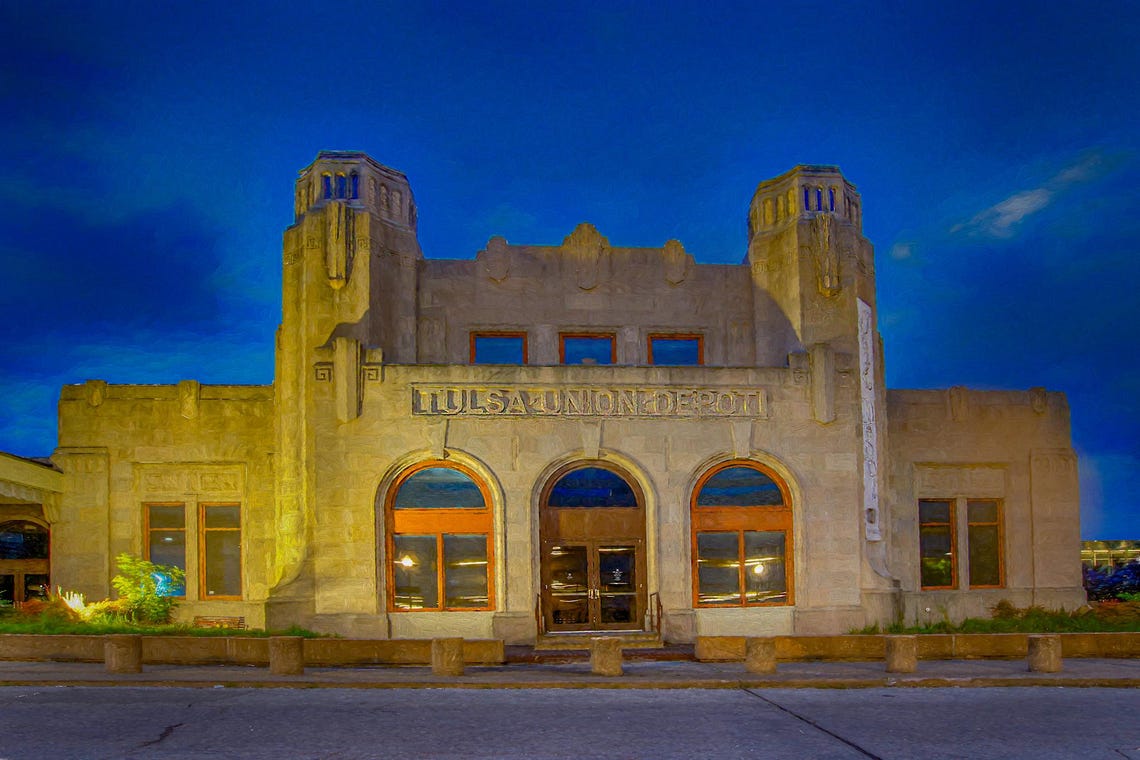 Tulsa Union Depot Art Deco Dusk Illuminated Facade Art Poster