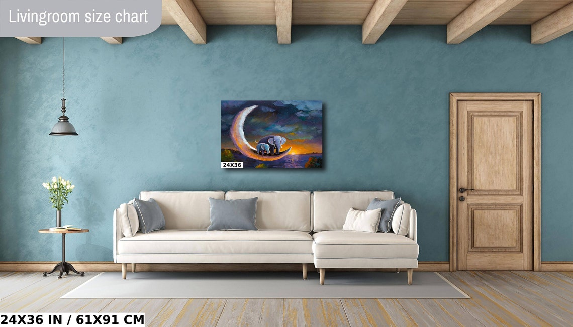 Mother And Baby Elephant On Crescent Moon Ocean Sunset Nursery Poster - Image 4