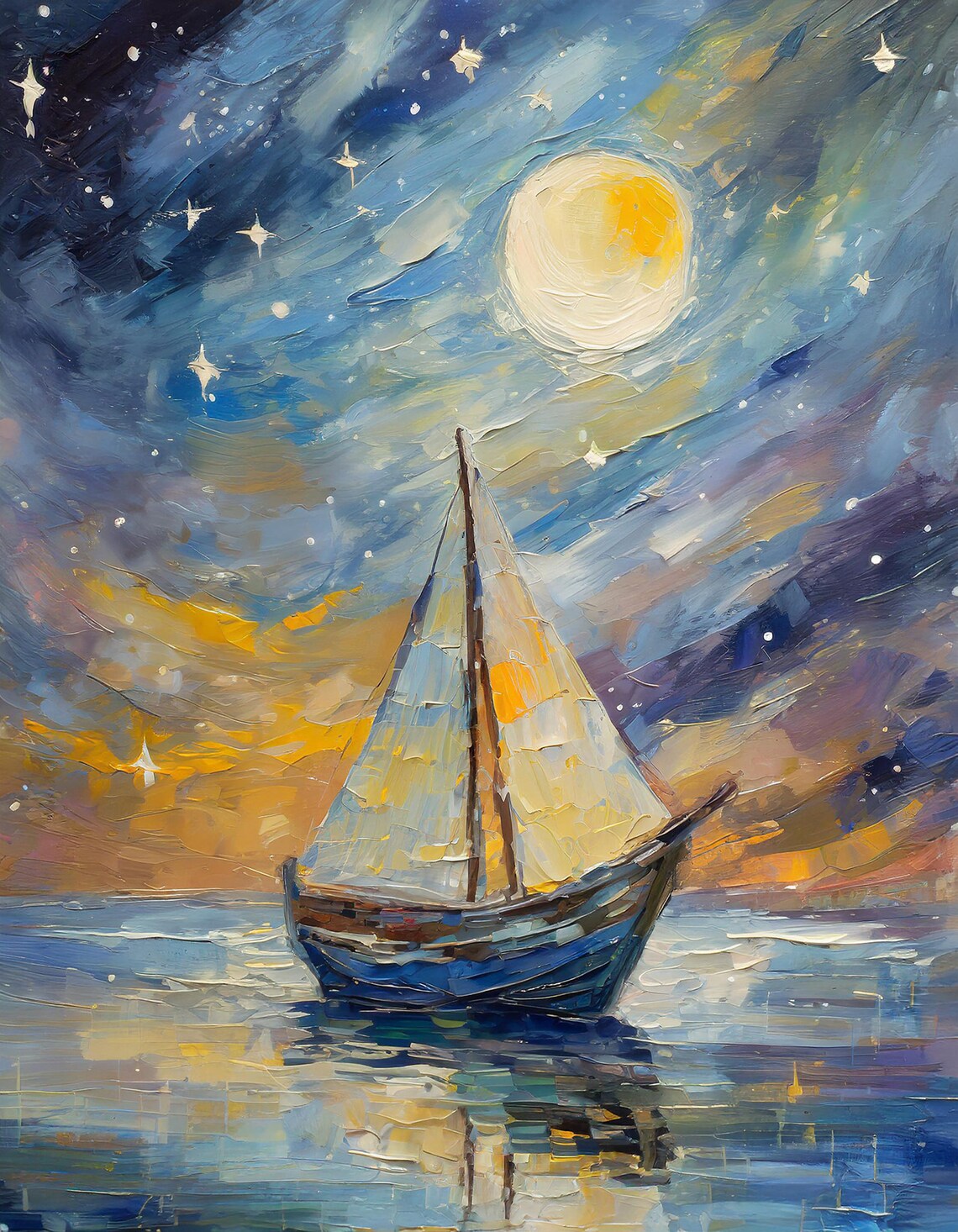 Moonlit Sailboat On Night Sea Starry Sky Nautical Wall Art Poster