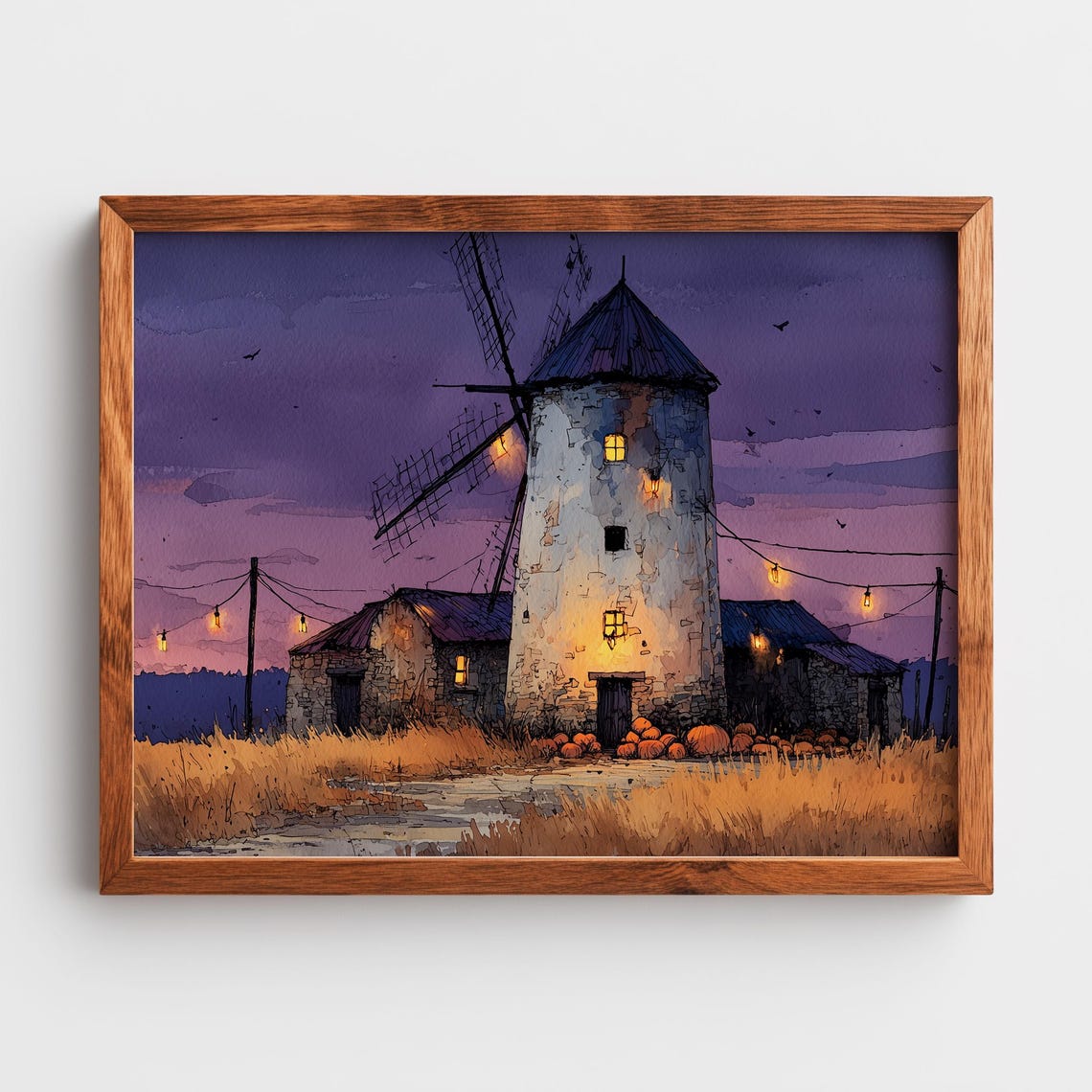 Rustic Windmill at Dusk Poster Purple Sky Pumpkins String Lights Art