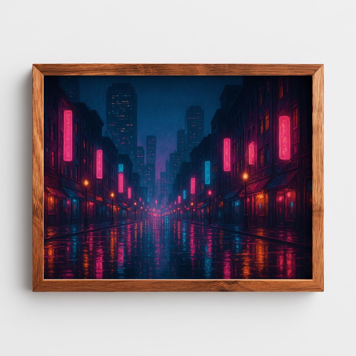 Neon City Nightscape Poster Rainy Downtown Street Cyberpunk Glow Art