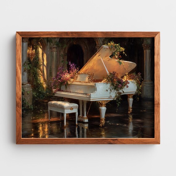 White Grand Piano in a Flower Filled Garden Hall Painting Poster