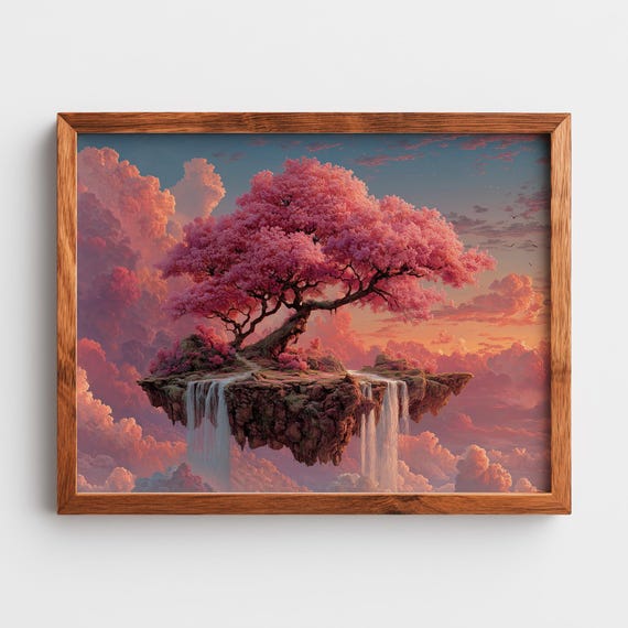 Surreal Dreamscape With Floating Island Wall Art Pink Tree Painting Fantasy Landscape Decor Ethereal Cloud Scene 27
