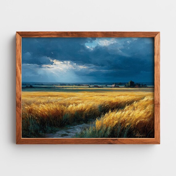 Rustic Wheat Field Under Stormy Skies Landscape Art Moody Autumn Farmhouse Decor Golden Wall Painting Print 51